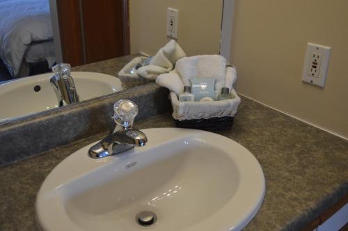 a bathroom counter with a sink and a mirror at Mary's Motel in Golden