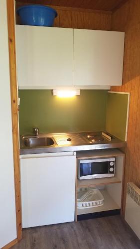 a small kitchen with a sink and a microwave at Camping Domaine du Lac Chambon in Murol