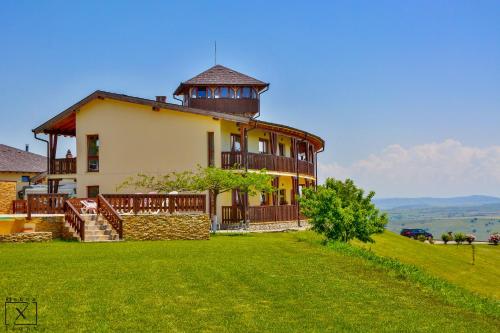 a house with a tower on top of a green field at Pensiunea Casa Buna in Gîrbova