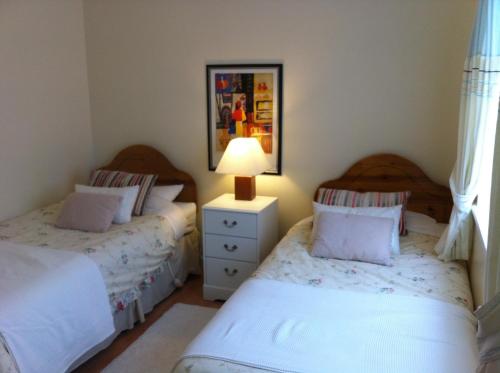 a bedroom with two twin beds and a lamp at Sea Breeze Bed and Breakfast in Cahersiveen