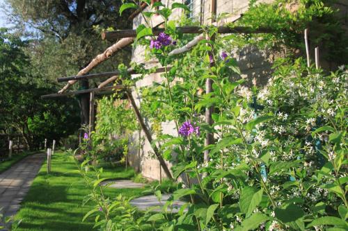 a garden with purple flowers and a stone wall at Casa Aprea in Sorrento