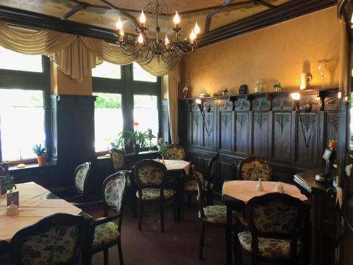 a dining room with tables and chairs and a chandelier at Parkschlösschen in Greiz in Greiz