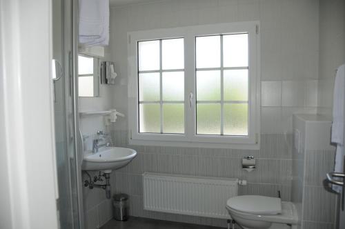 La salle de bains est pourvue d'un lavabo, de toilettes et d'une fenêtre. dans l'établissement Hôtel Restaurant La Croix Verte, à Vich