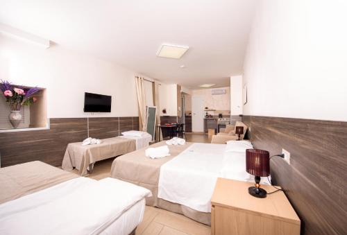 ナポリにあるB&B Chiaia Relaxのベッド3台とテレビが備わるホテルルームです。