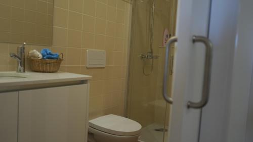 ein Bad mit einer Dusche, einem WC und einem Waschbecken in der Unterkunft Casa da Eira in Arouca