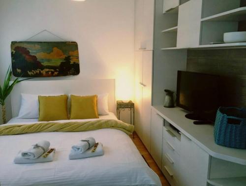 a bedroom with a bed with a television and towels at Apartment Jastuk in Belgrade