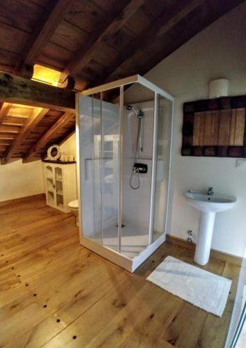 a glass shower in a room with a sink at Trisileja en Novales in Novales