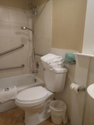 a bathroom with a toilet and a tub and a sink at Executive Economy Lodge in Pompano Beach
