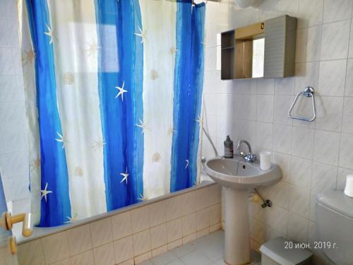 baño con lavabo y cortina de ducha azul en Constantaras Apartments, en Protaras