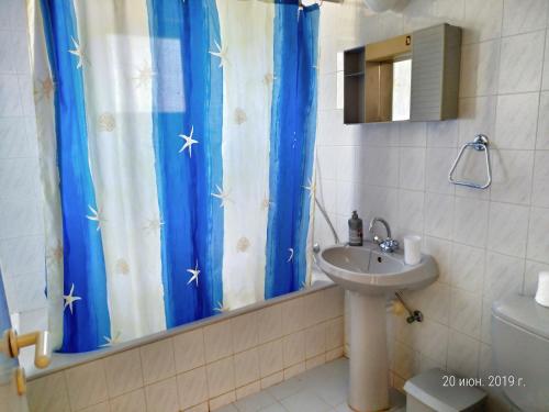 a bathroom with a sink and a blue shower curtain at Constantaras Apartments in Protaras