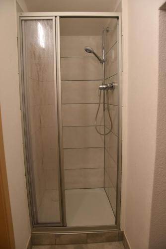 La salle de bains est pourvue d'une douche avec une porte en verre. dans l'établissement Gästehaus Palli, à Unterdietfurt