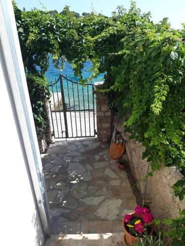 un cancello aperto con un passaggio in pietra con piante e fiori di Lilo a Maslinica