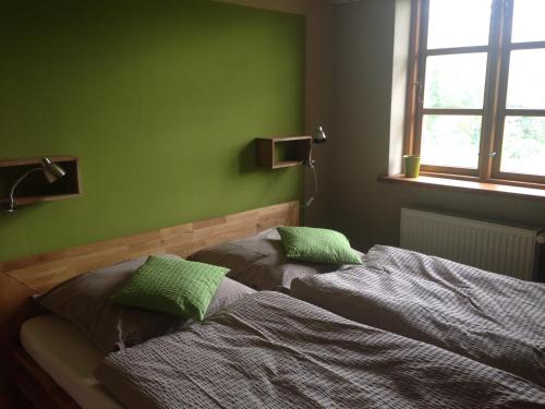 een groene slaapkamer met een bed met twee groene kussens bij Kleine Auszeit in Kluis