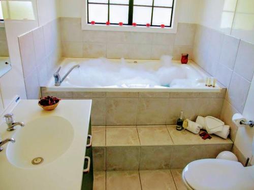 a bathroom with a tub with a sink and a toilet at Salty Dog Inn in Snells Beach