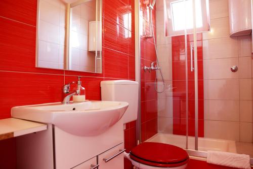 a bathroom with a sink and a toilet and a shower at Tanya-Apartments and Rooms in Hvar