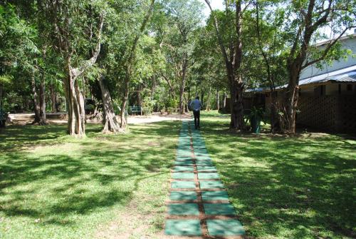 a person walking down a path in a park at Lavendish Lake Giritale in Polonnaruwa