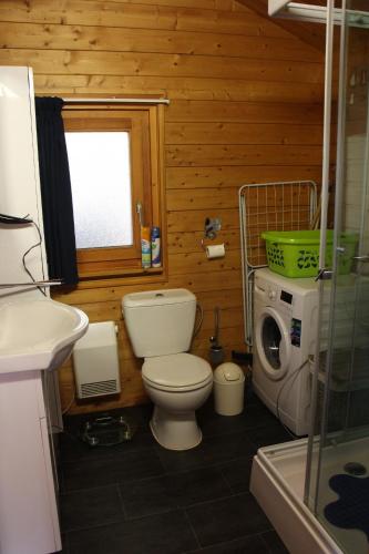 uma casa de banho com um WC e uma máquina de lavar roupa em Chalet Dennerust - The Original em Durbuy