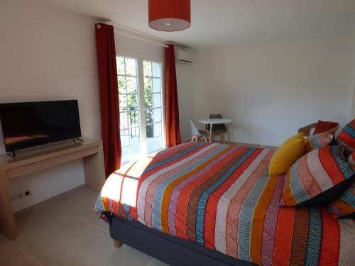 une chambre avec un lit et une télévision à écran plat dans l'établissement Azurea, à Valbonne