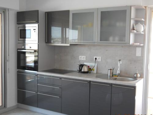 une cuisine avec des armoires grises et un évier dans l'établissement Beau T2 Climatisé sur Marina avec parking privé, à Canet
