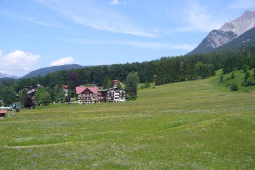 a house on a hill in a green field at Tiroler Alpblick Appartements in Ehrwald