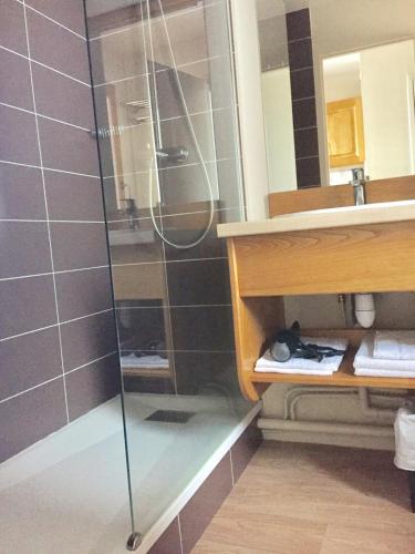 une douche avec une porte vitrée dans une salle de bain dans l'établissement RÉSID BEC DE L AIGLE Studio 22 - LE LIORAN, à Laveissière