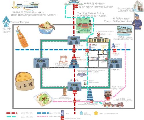 mapa Chin z jedzeniem i atrakcjami w obiekcie HOME++ Xi'an w mieście Xi'an