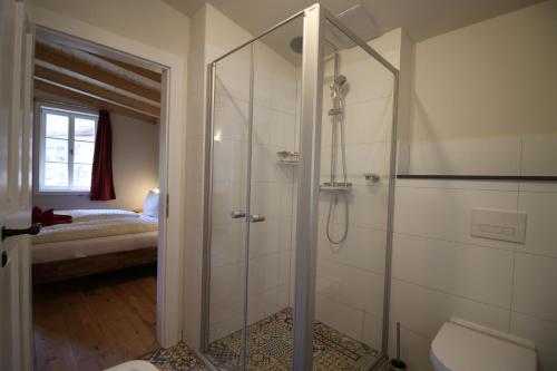 Phòng tắm tại Ferienwohnungen Felsenkeller Bielatal
