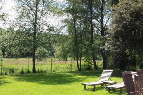 2 Stühle und ein Picknicktisch in einem Park in der Unterkunft Le Repere du Cerf in Herbeumont