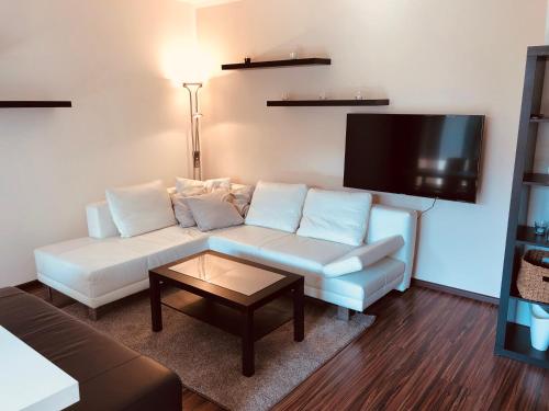 a living room with a white couch and a tv at 25h GARDEN Apartment PLUS private Beach in Neusiedl am See