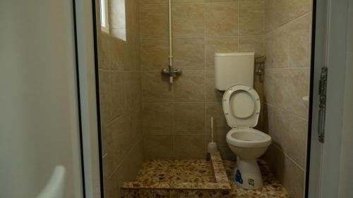 a bathroom with a toilet and a shower at Casa din Gradina in Eforie Sud