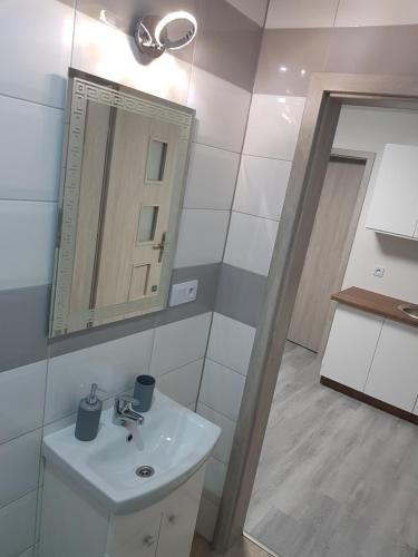 a bathroom with a sink and a mirror at Apartamenty u Tatiany in Międzywodzie