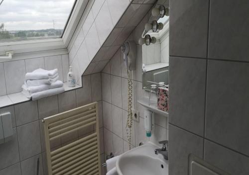 ein kleines Bad mit einem Waschbecken und einem Fenster in der Unterkunft Apartment Hotel Alena in Filderstadt