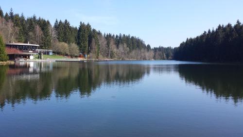 a large lake with a building in the middle of it at Modern & schöner Ausblick in Hahnenklee-Bockswiese