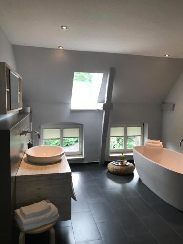 Villa Friedenstraße 11 في لونبورغ: حمام مع مغسلتين وحوض استحمام