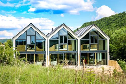 ein Haus mit großen Fenstern auf einem Hügel in der Unterkunft Premium Design Ferienhäuser Mosel Chalets in Pommern