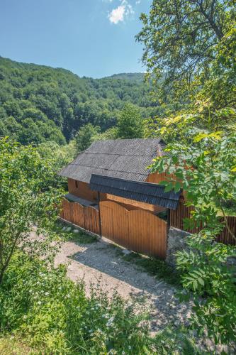 a wooden barn with a black roof in the woods at Садиба над потоком in Lumshory