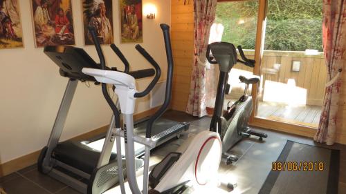 - une salle de sport avec 2 vélos d'exercice dans une pièce dotée d'une fenêtre dans l'établissement Alpine Lodge 5, aux Contamines-Montjoie