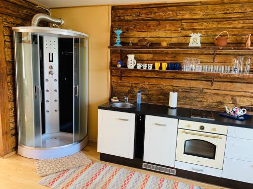 a kitchen with a jacuzzi tub in the corner of a room at Treimani Country House in Treimani
