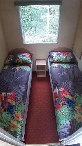 two bunk beds in a small room with a window at Letniaczki ABI in Rydzewo
