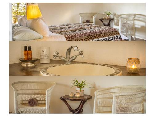 a bathroom with a sink and a bed at Mbizi Bush Lodge in Grietjie Nature Reserve