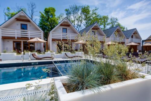 a villa with a swimming pool in front of a house at Natural Resort in Gąski