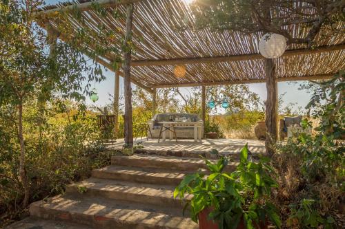 a pergola with stairs and a table and a grill at Mbizi Bush Lodge in Grietjie Nature Reserve