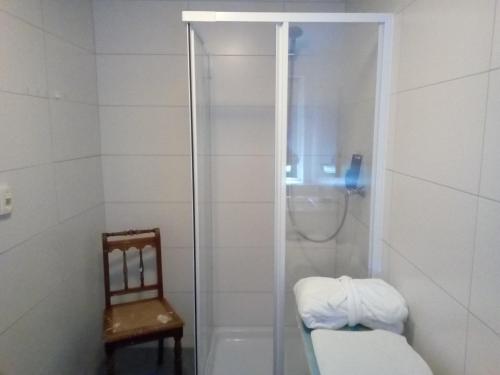 a shower with a glass door next to a chair at Tinyhouse op Terschelling in Hoorn