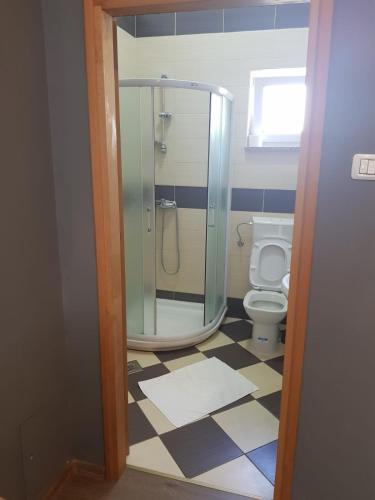 a bathroom with a glass shower and a toilet at Guesthouse Palombaro in Umag