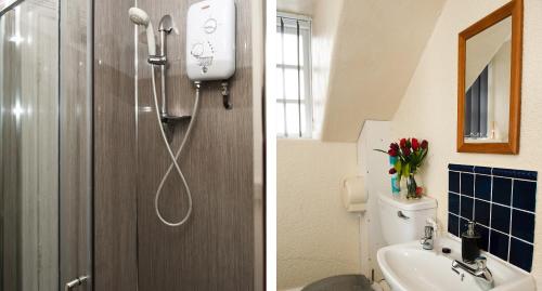 two pictures of a bathroom with a shower and a sink at Rooms by Maes y mor Town Centre in Aberystwyth