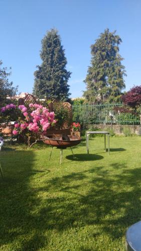 un giardino con una panchina e fiori di B&B Sottocoperta a Biella