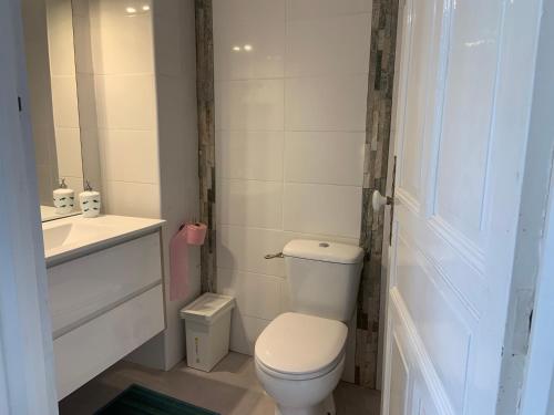 un piccolo bagno con servizi igienici e lavandino di St Guenole' Studio Apartment a Landévennec