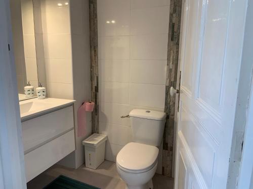 une petite salle de bain avec toilettes et lavabo dans l'établissement St Guenole' Studio Apartment, à Landévennec