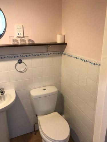 a bathroom with a white toilet and a sink at Carnside Guest House in Bushmills