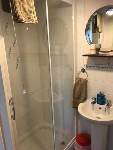 a bathroom with a shower and a sink at Carnside Guest House in Bushmills
